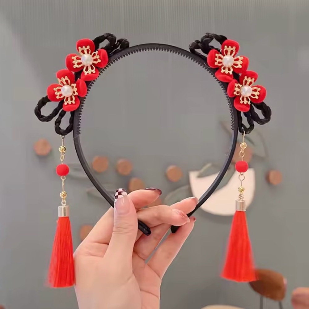 Elegant Red Floral Headband with Tassels